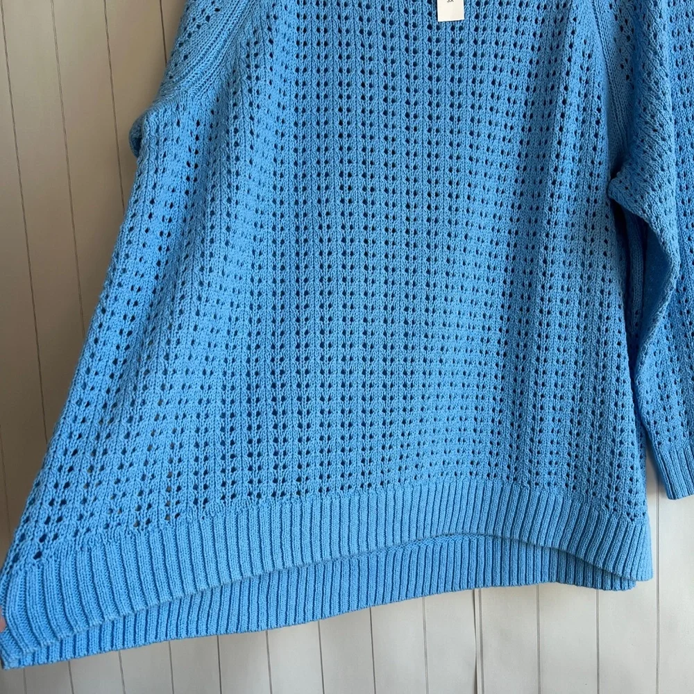 Talbots plus size 3X open knit raglan sweater pullover blue 100% cotton NEW - Picture 7 of 12
